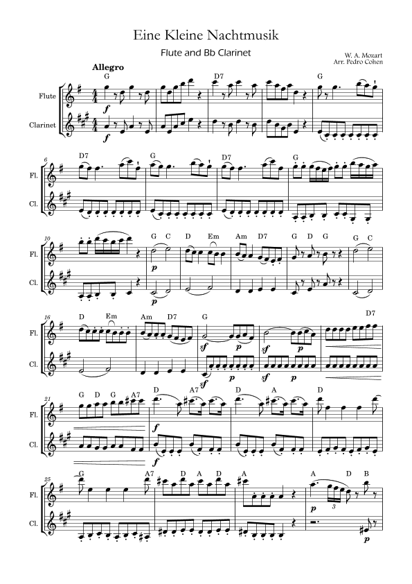 Eine Kleine Nachtmusik - flute and Bb clarinet version w/ chords (arr. Pedro Cohen)