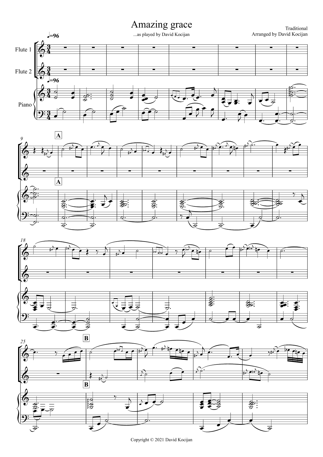 Amazing grace TRIO (Piano & 2 Flutes) (arr. David Kocijan)