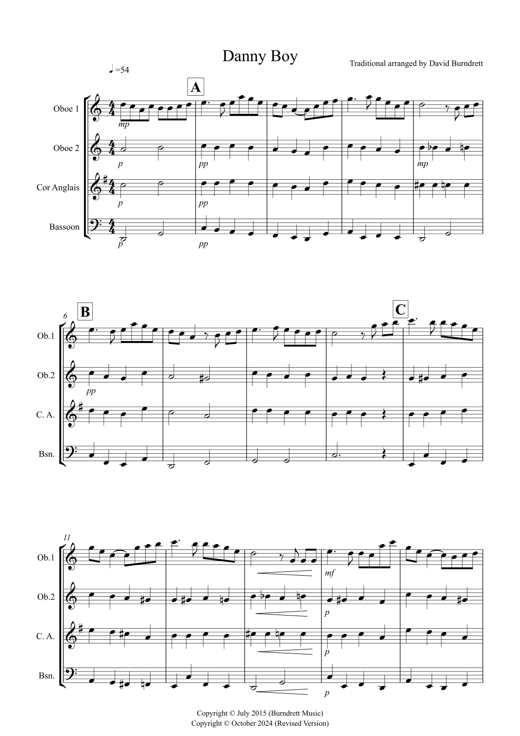 Danny Boy for Double Reed Quartet (arr. David Burndrett)