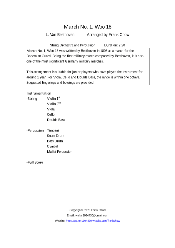 March No. 1, Woo 18 (for string orchestra and percussion) (arr. Frank Chow)
