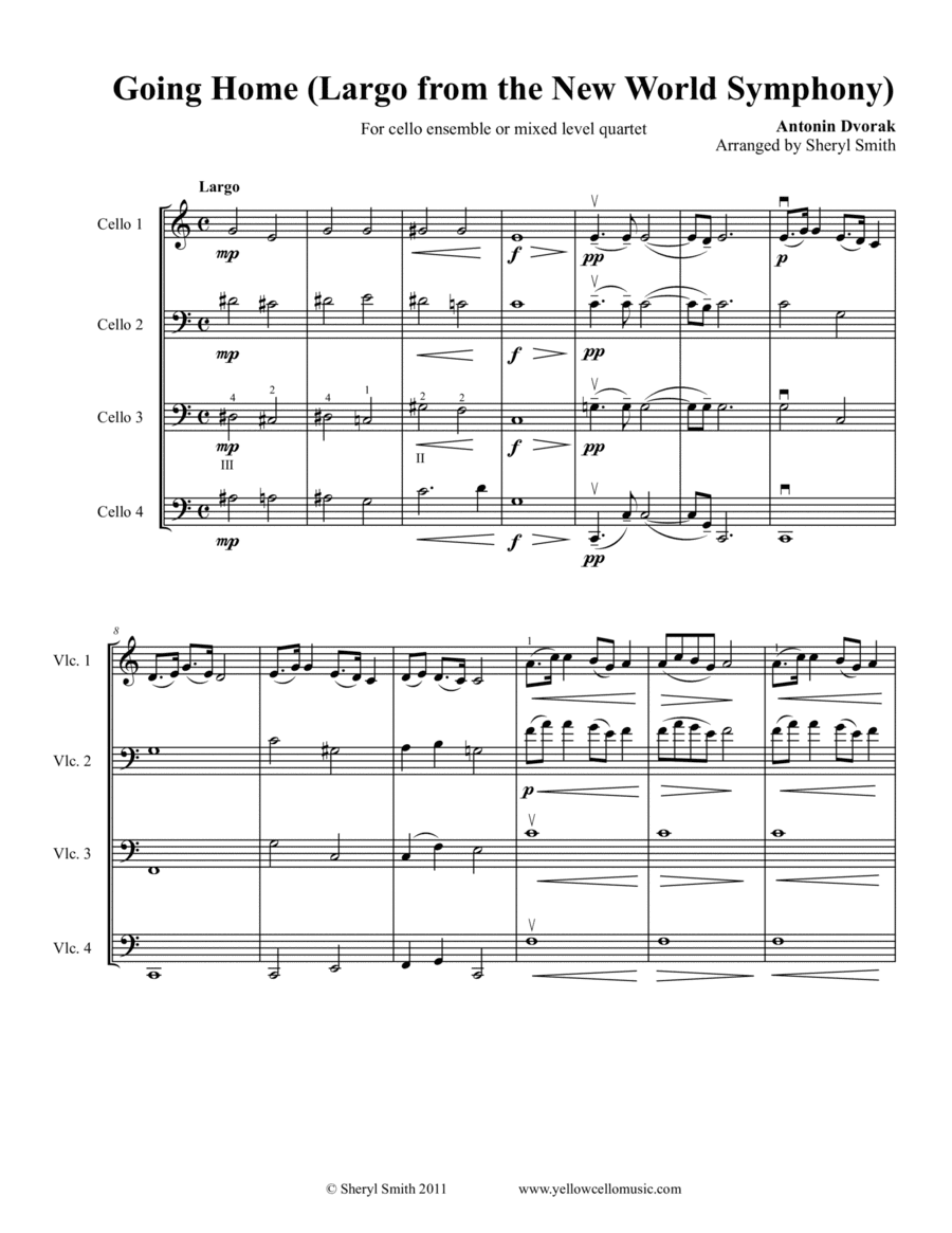 Going Home (Largo – Theme from New World Symphony) for four part cello ensemble or mixed level cel (arr. Yellow Cello Music)