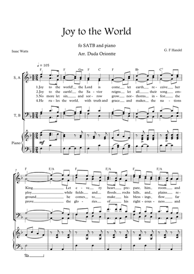 Joy to the World (F major - SATB - with chords - with piano - four staff) (arr. Duda Oriontte)