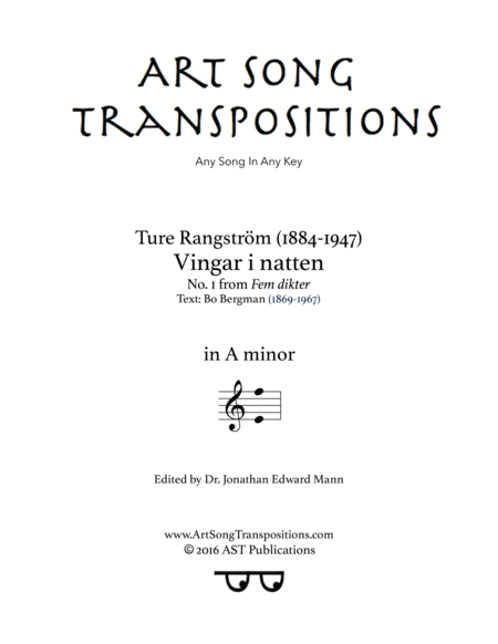 RANGSTRÖM: Vingar i natten (transposed to A minor) (arr. ArtSongTranspositions.com)
