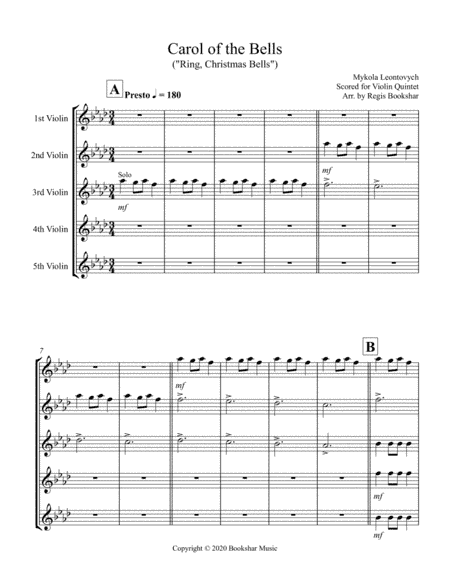 Carol of the Bells (F min) (Violin Quintet) (arr. Regis Bookshar)
