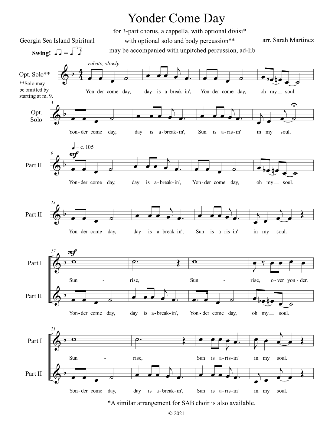 Yonder Come Day (3-Part, A Cappella) (arr. Sarah Martinez)