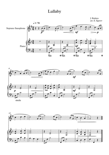 Lullaby, Johannes Brahms, For Soprano Saxophone & Piano (arr. Eugene Egorov)