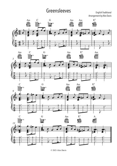 Greensleeves - Ukulele TAB (arr. Alex Davis)