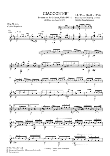 S.L. Weiss Ciacconne SW10 for guitar. Performance v. P. J. G贸mez-J. Vel谩zquez ed. (arr. Arranger: Pedro Jes煤s G贸mez. Edition: Juan Vel谩zquez)