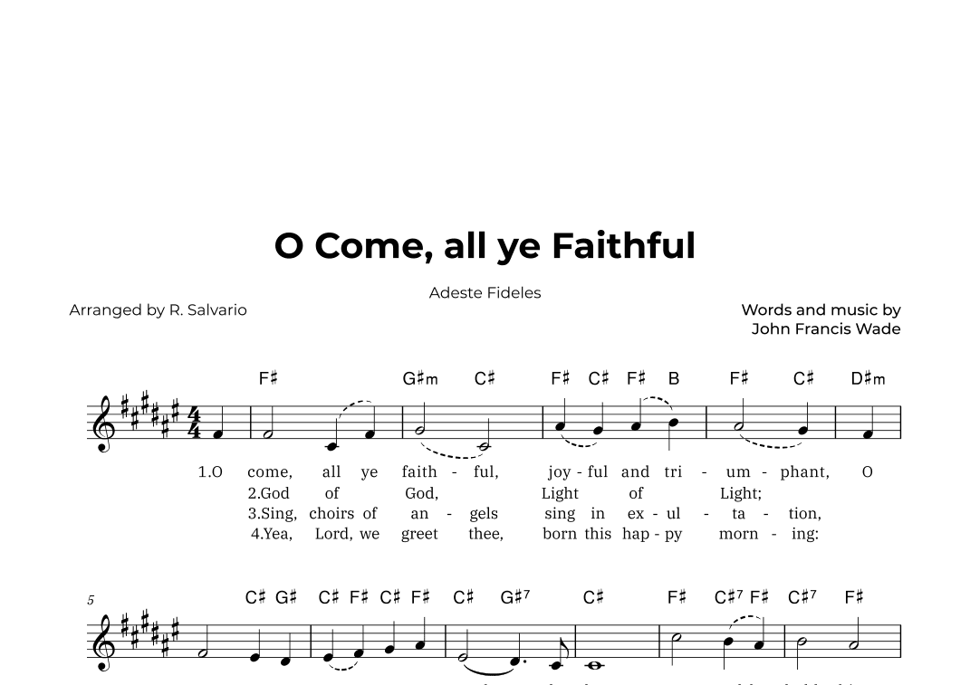 O Come, all ye Faithful - Adeste Fideles (Key of F-Sharp Major) (arr. R. Salvario)
