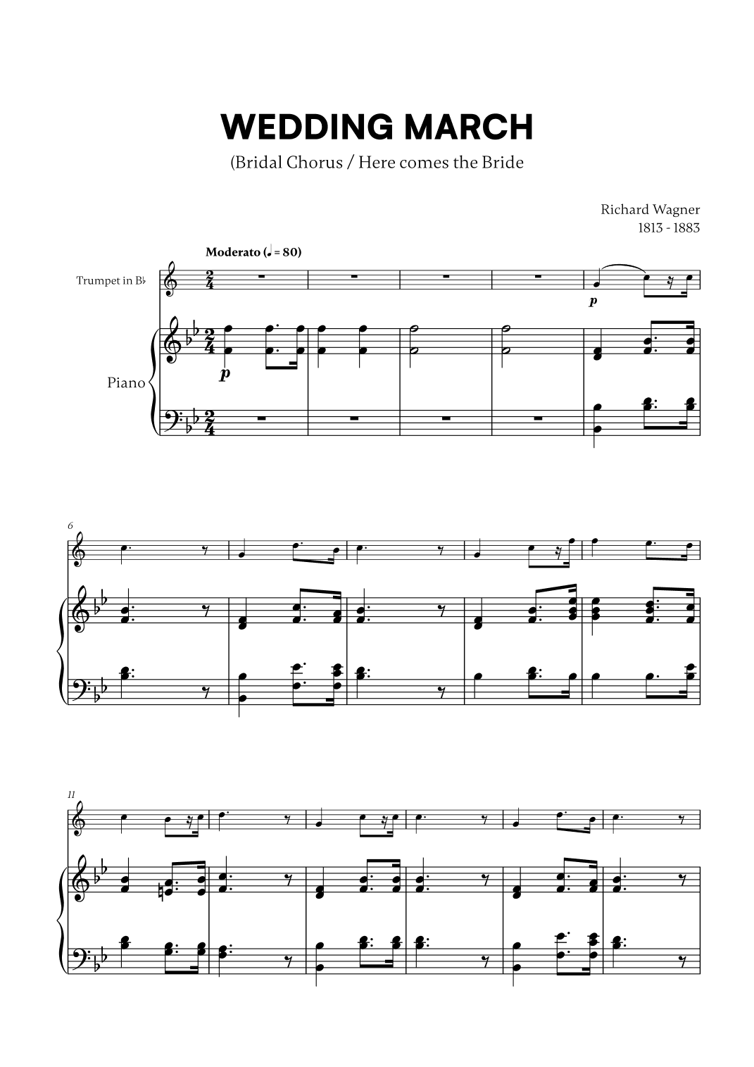 Richard Wagner - Wedding March (Here comes the Bride) (for Trumpet in Bb and Piano) (arr. Cadenza Editions)