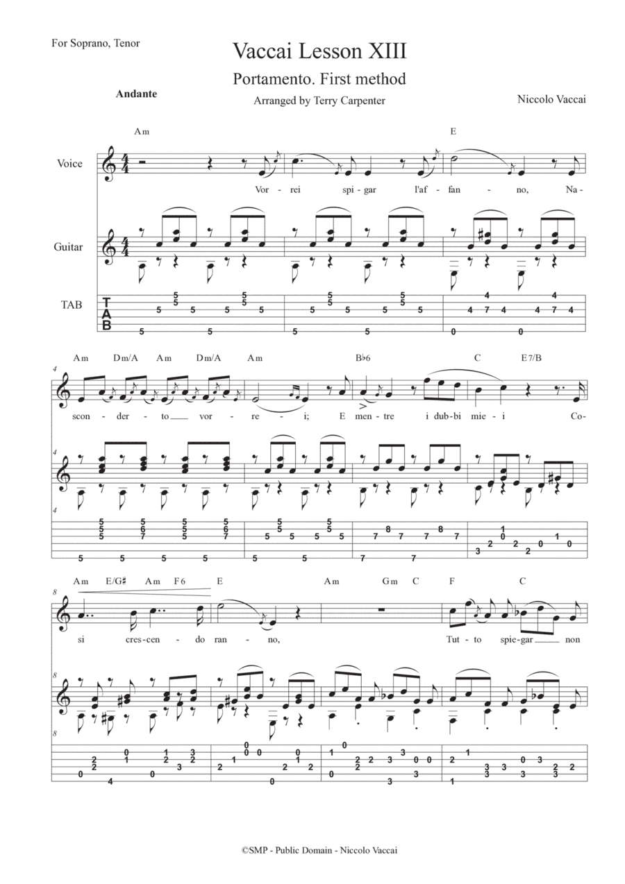 Vaccai - Lesson 13 Portamento. For tenor and soprano voice with guitar (arr. Terry Carpenter)