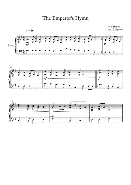 The Emperor's Hymn, Franz Joseph Haydn, For Easy Piano