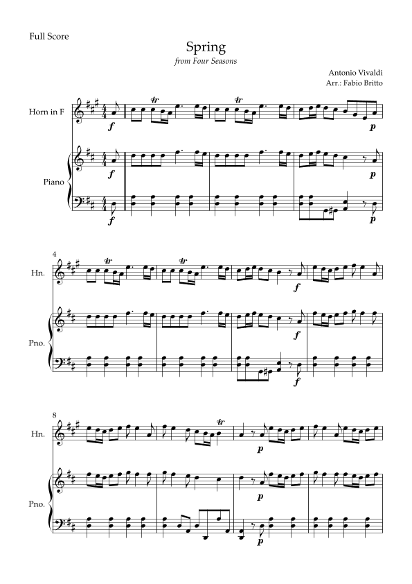 Spring (from Four Seasons of Antonio Vivaldi) for Horn in F Solo and Piano Accompaniment (arr. Fabio Britto)
