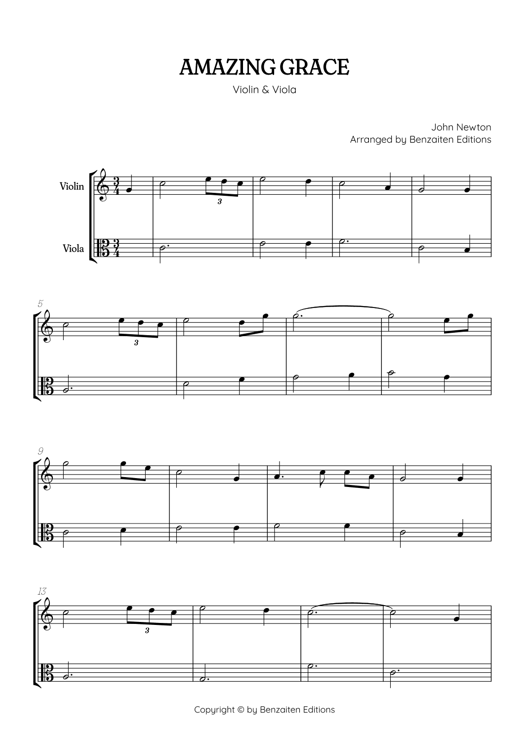 Amazing Grace • easy violin and viola duet sheet music (arr. Benzaiten Editions)