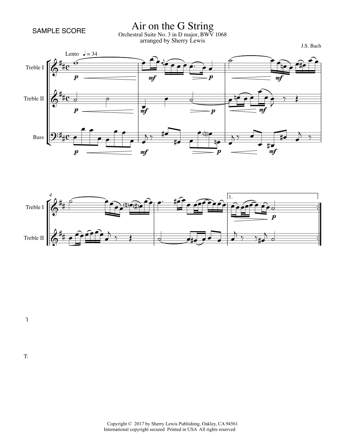 AIR ON THE G STRING, Intermediate Level for String Trio, Woodwind Trio, any combination of two trebl (arr. Sherry Lewis)