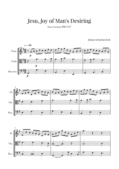Bach - Jesu, Joy of Man's Desiring for Flute, Viola and Bassoon (arr. Cadenza Editions)