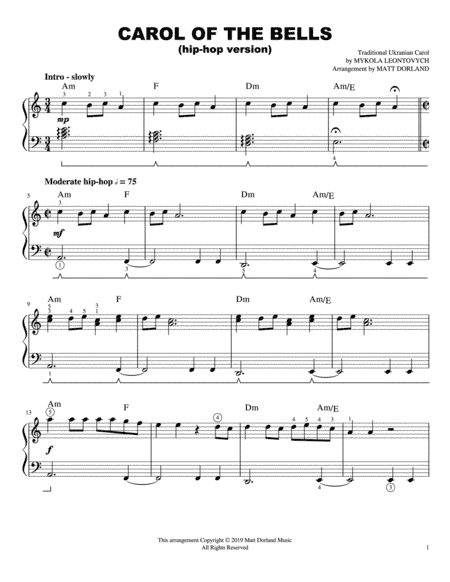 Carol of the Bells (hip-hop version) - Easy Piano (arr. Matt Dorland)