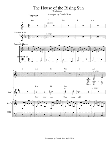 The House of the Rising Sun - solo, clarinet, guitar and bass (arr. Connie Boss)