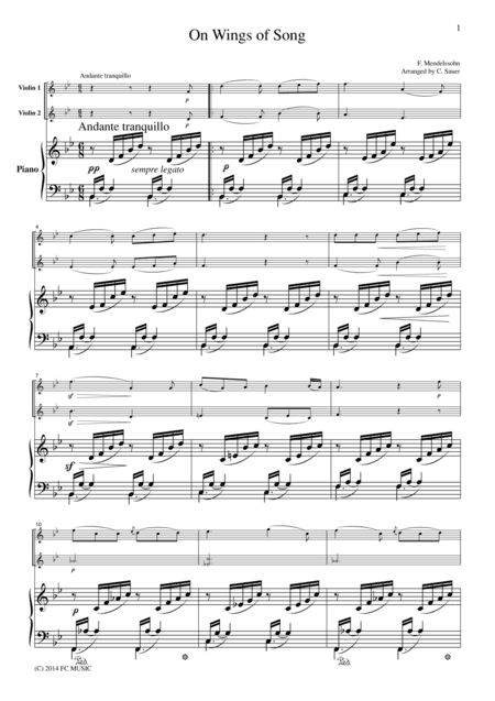 Mendelssohn On Wings of Song, for 2 Violins & Piano, VN212 (arr. C. Sauer)