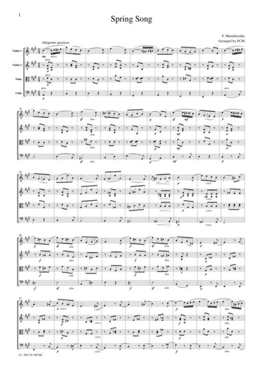 Mendelssohn  Spring Song, for string quartet, CM202 (arr. FCMUSIC)