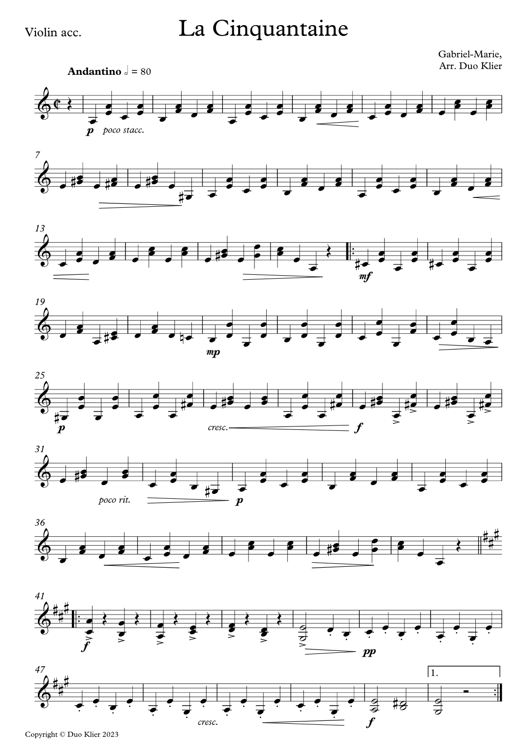 Gabriel-Marie - La Cinquantaine, 2nd violin accompaniment (arr. Duo Klier)