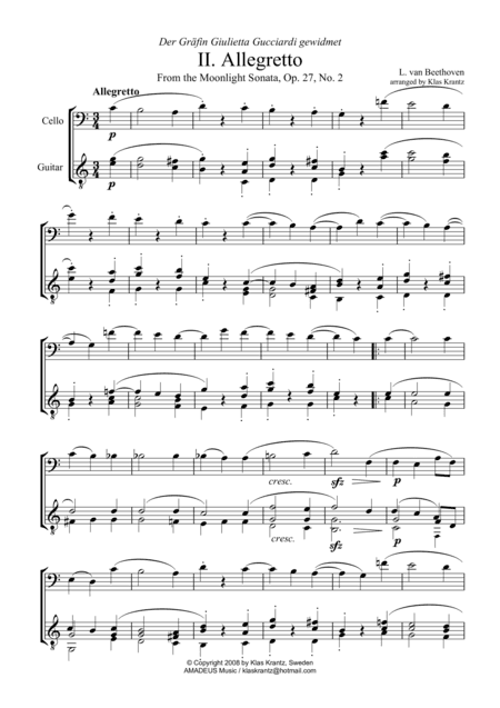 Allegretto (Moonlight Sonata) for cello and guitar (arr. Amadeus Music)
