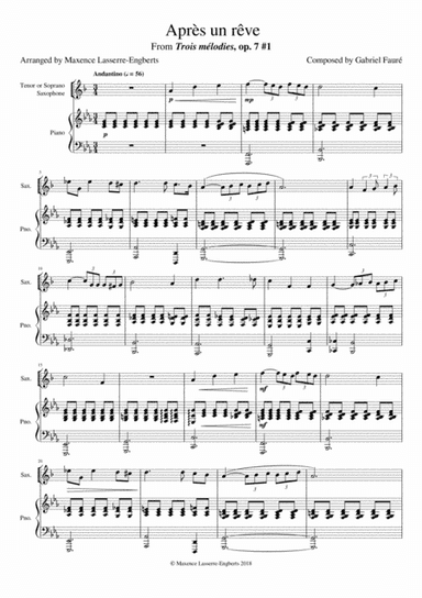 'Après un rêve' for Tenor or Soprano Sax (arr. Maxence Lasserre-Engberts)