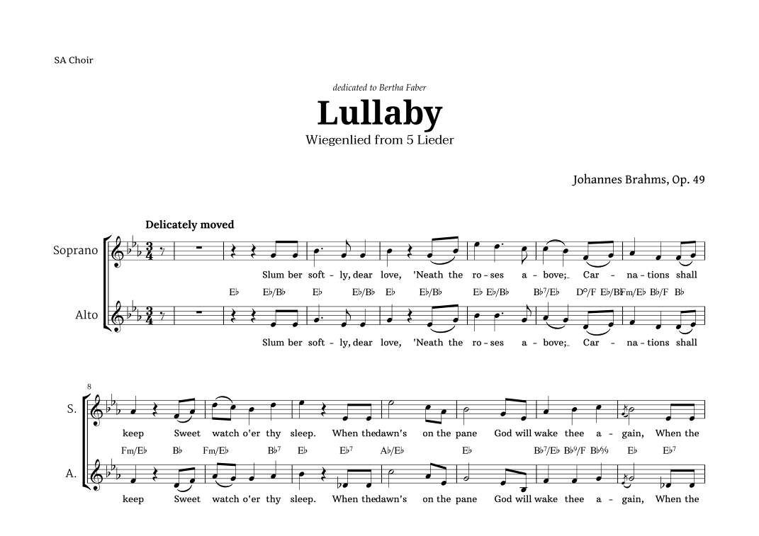 Lullaby by Brahms for SA Choir (arr. Langanho)