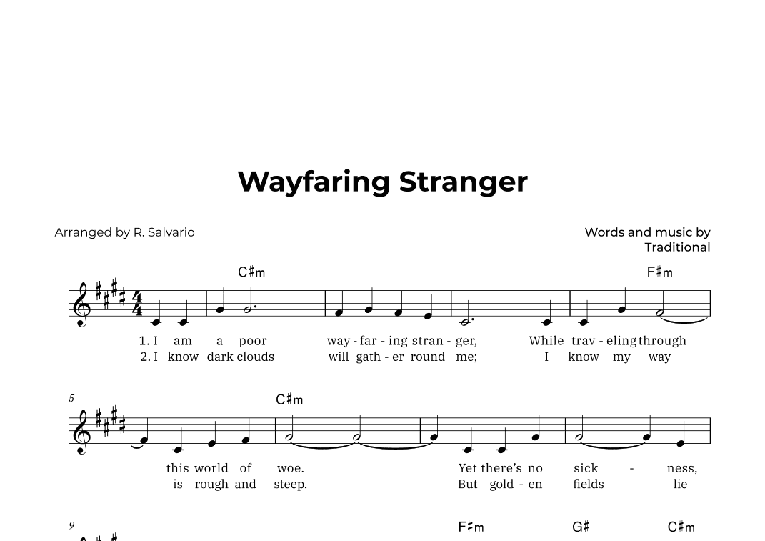 Wayfaring Stranger (Key of C-Sharp Minor) (arr. R. Salvario)