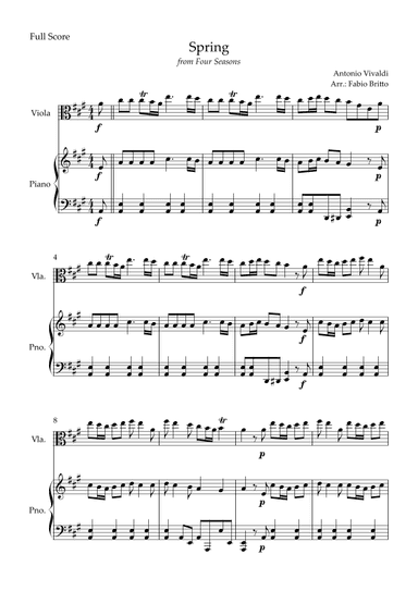 Spring (from Four Seasons of Antonio Vivaldi) for Viola Solo and Piano Accompaniment (In A Major) (arr. Fabio Britto)