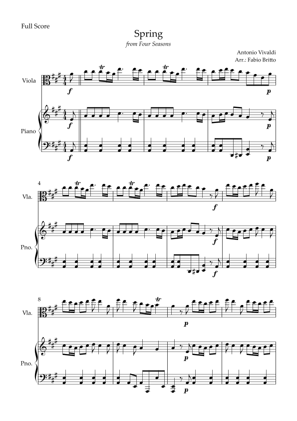 Spring (from Four Seasons of Antonio Vivaldi) for Viola Solo and Piano Accompaniment (In A Major) (arr. Fabio Britto)