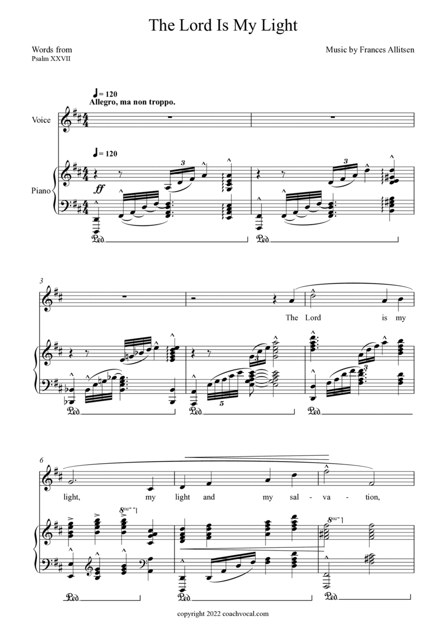 The Lord Is My Light (in D), medium high voice, Music by Frances Allitsen, Words from psalm 27 (arr. coachvocal.com)