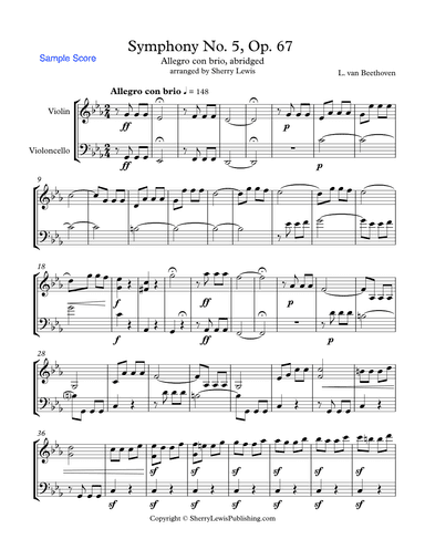 SYMPHONY NO. 5 OP. 67, BEETHOVEN - ALLEGRO CON BRIO, String Duo, Abridged, Intermediate Level for vi (arr. Sherry Lewis)