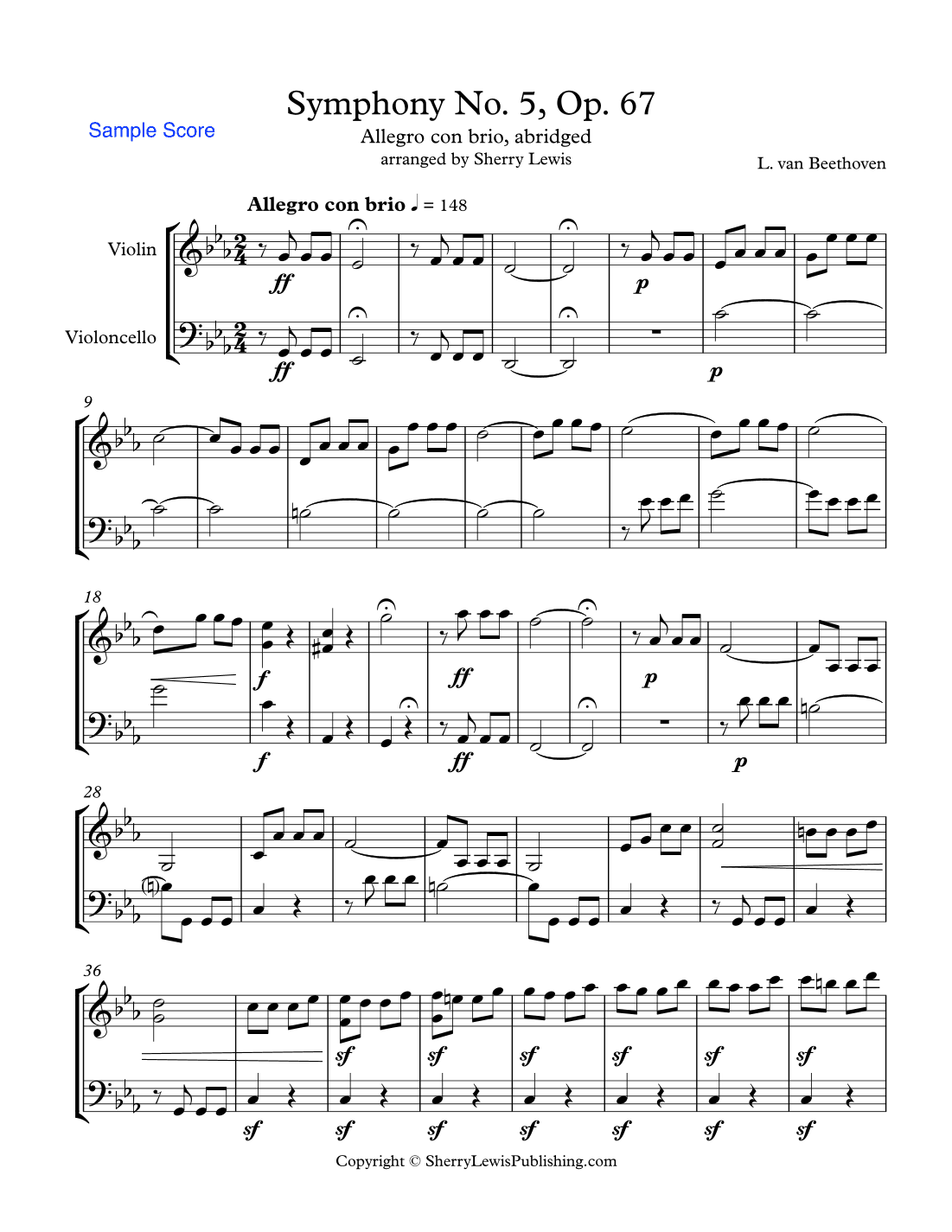 SYMPHONY NO. 5 OP. 67, BEETHOVEN - ALLEGRO CON BRIO, String Duo, Abridged, Intermediate Level for vi (arr. Sherry Lewis)