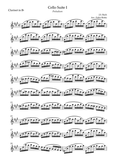 Preludium (from Cello Suite no.1 - J. S. Bach) for Clarinet in Bb Solo (arr. Fabio Britto)