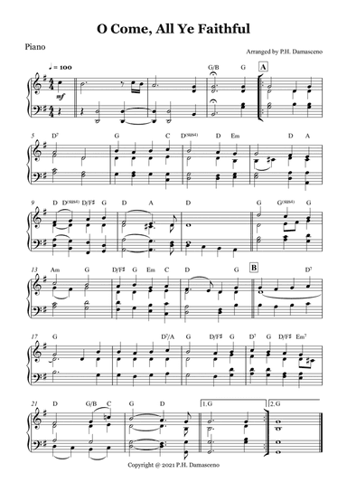 O Come, All Ye Faithful - Piano Solo with Chords (arr. P.H. Damasceno)