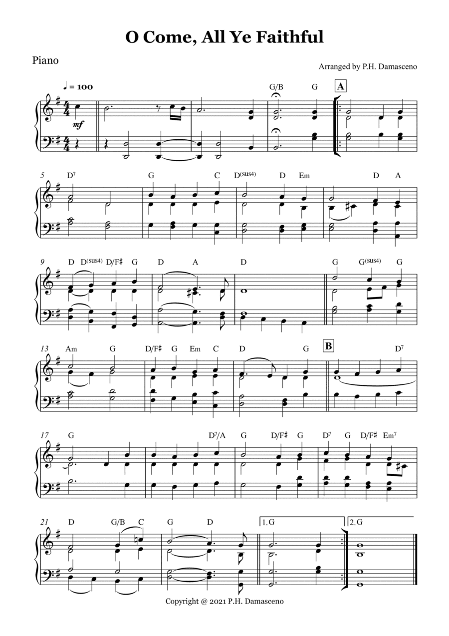 O Come, All Ye Faithful - Piano Solo with Chords (arr. P.H. Damasceno)