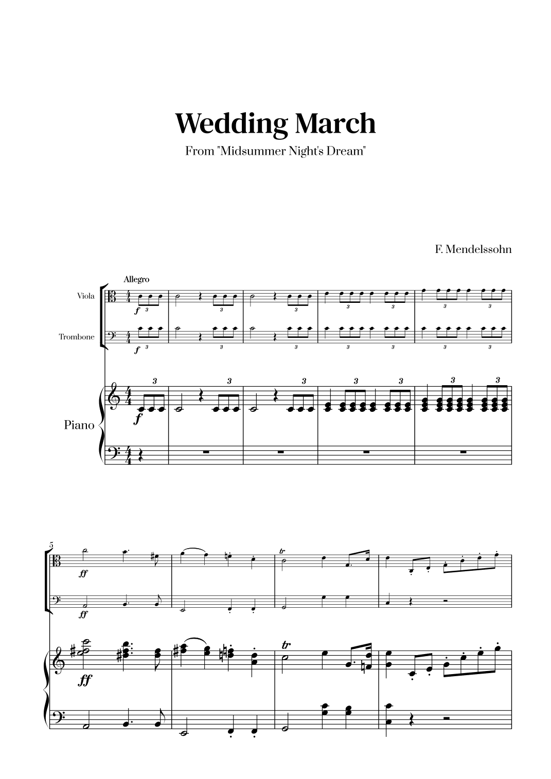 Felix Mendelssohn - Wedding March From Midsummer Night's Dream for Viola, Trombone and Piano (arr. Cadenza Editions)