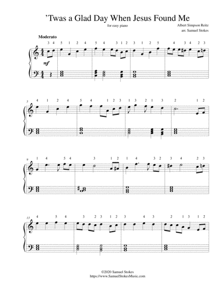 ’Twas a Glad Day When Jesus Found Me - for easy piano (arr. Samuel Stokes)