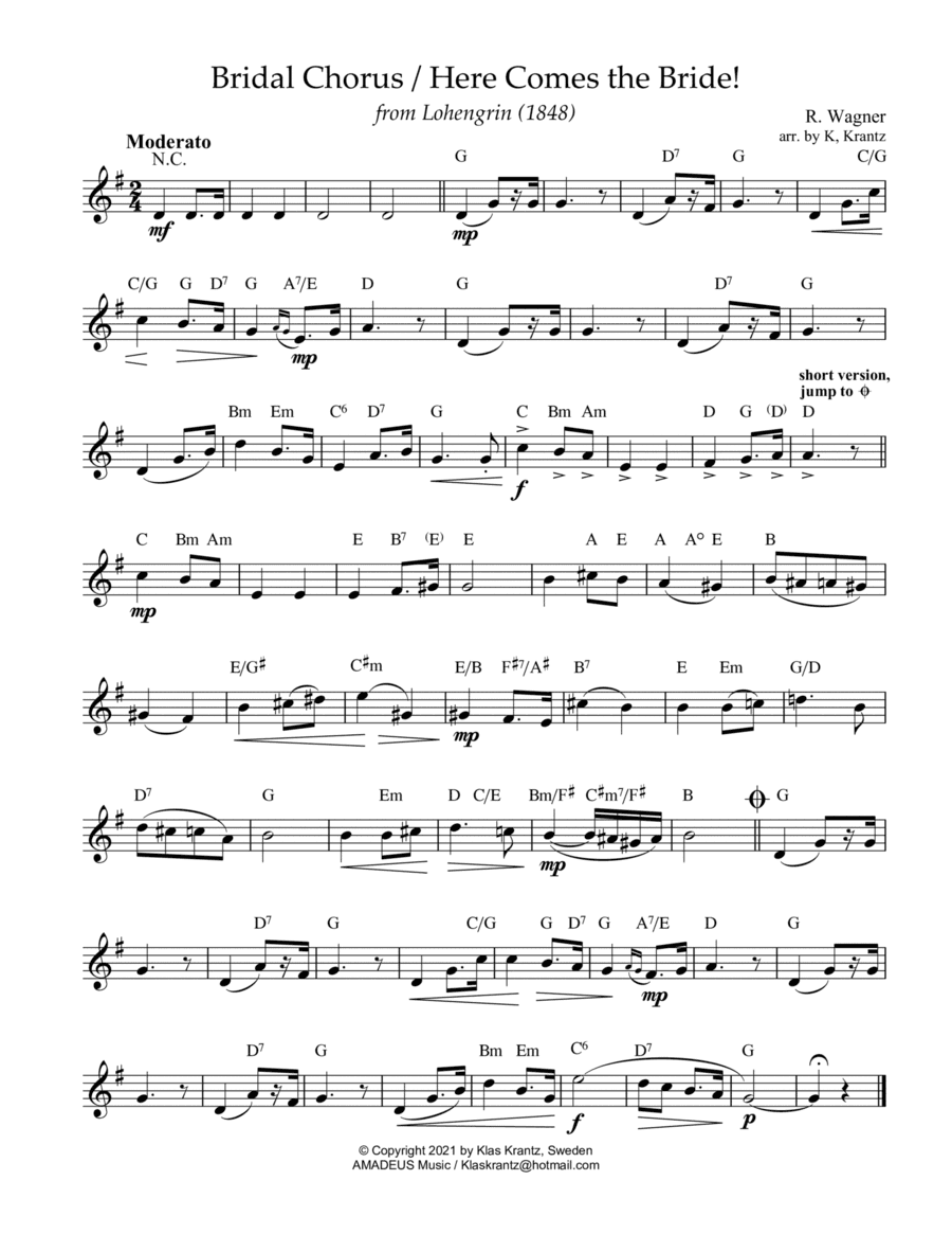 Bridal Chorus / Here Comes the Bride! lead sheet with guitar chords (G Major) (arr. K. Krantz)