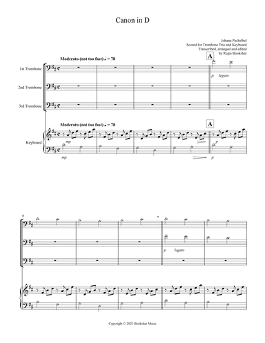 Canon in D (Pachelbel) (D) (Trombone Trio, Keyboard) (arr. Regis Bookshar)