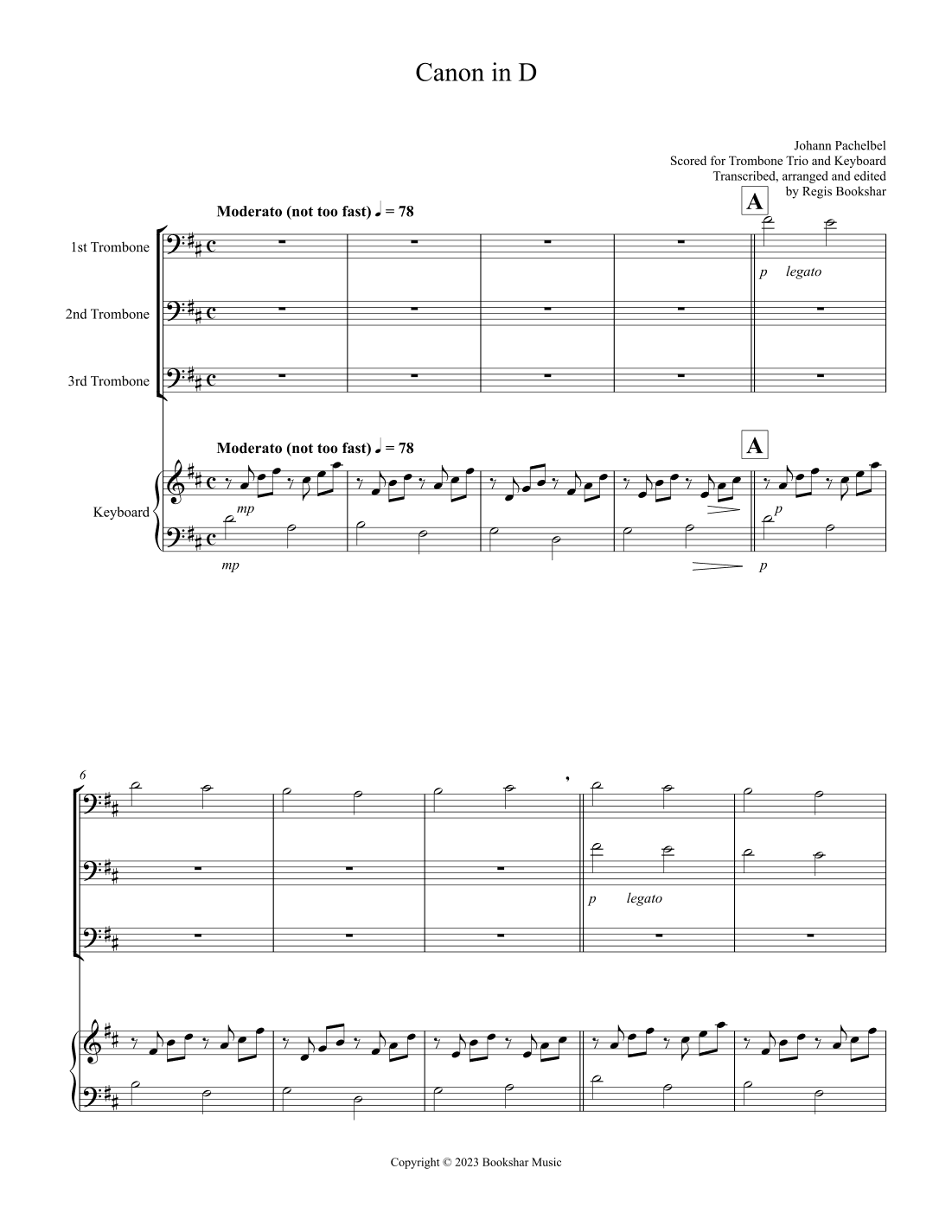 Canon in D (Pachelbel) (D) (Trombone Trio, Keyboard) (arr. Regis Bookshar)