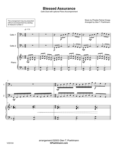 BLESSED ASSURANCE - CELLO DUET with optional Piano Accompaniment (arr. Glen Poehlmann)
