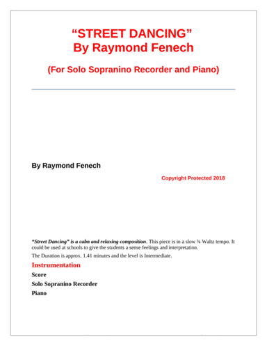 "Street Dancing" - For Solo Sopranino Recorder and Piano - Early Intermediate/ Intermediate level