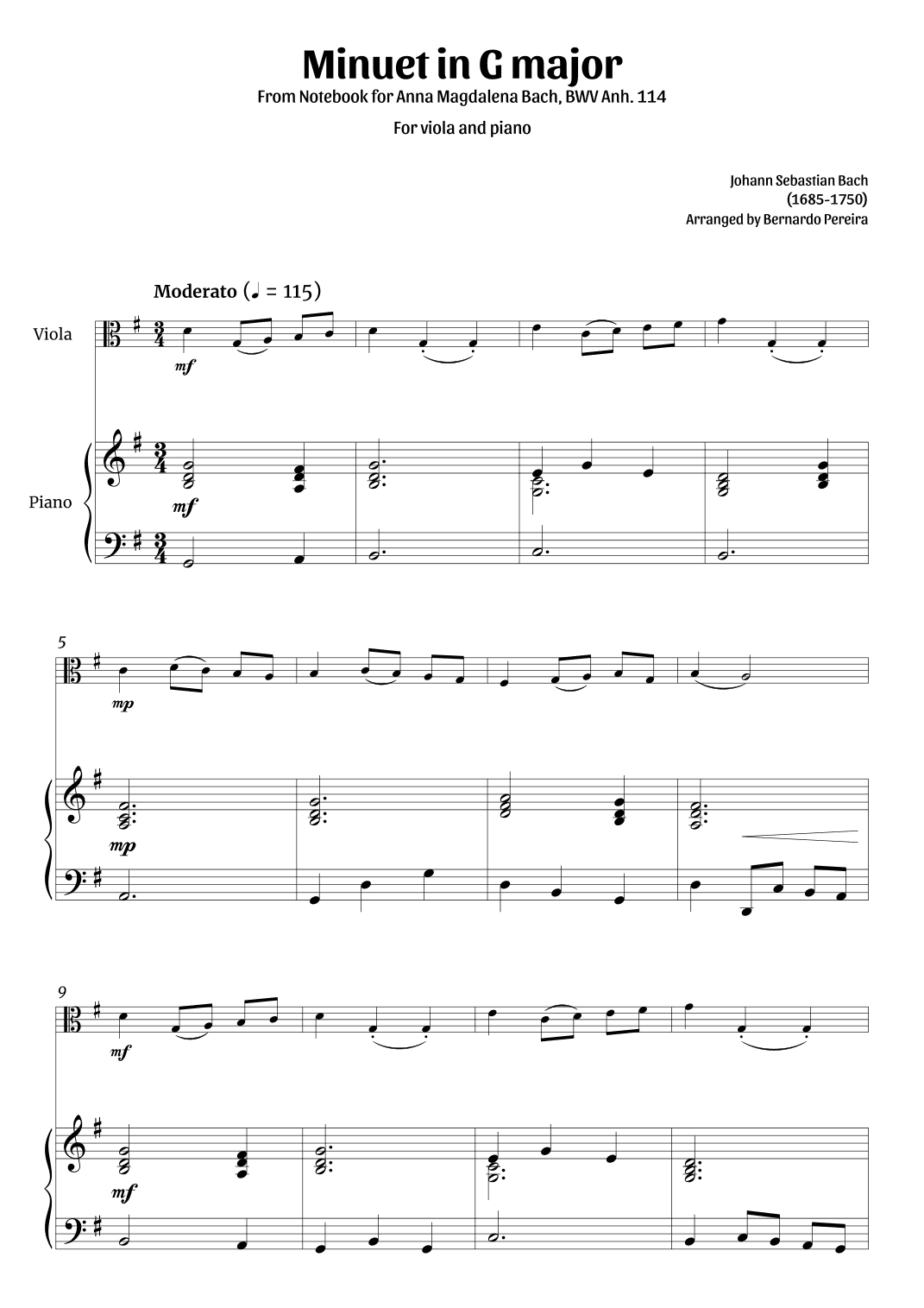 Minuet in G major (viola and piano – clean sheet music) (arr. Bernardo Pereira)