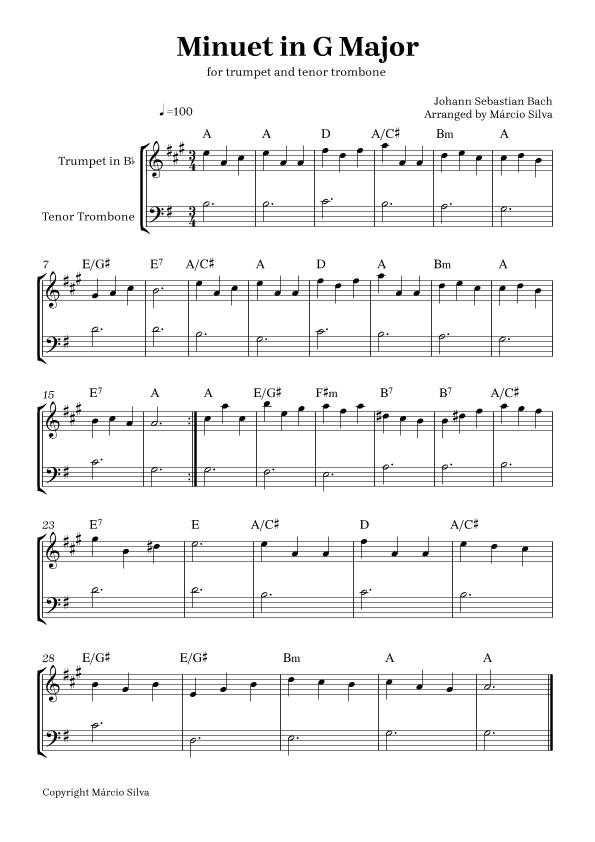 Minuet in G Major - for trumpet Bb and Trombone (arr. Márcio Silva)