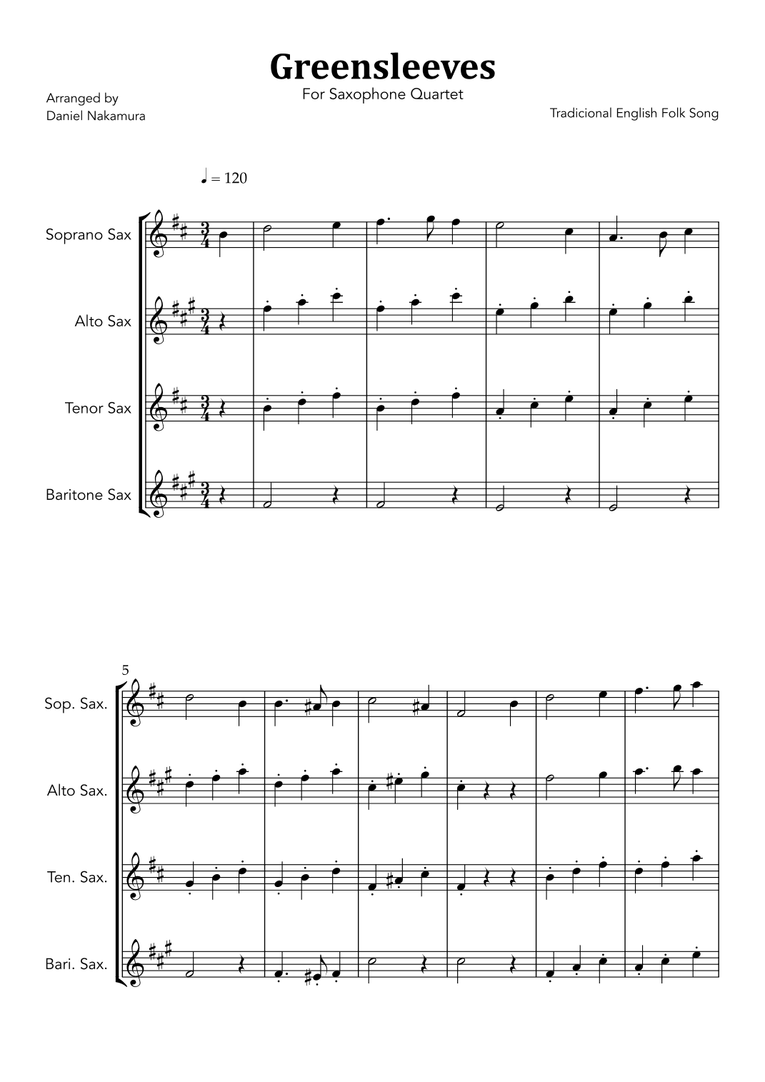 Greensleeves (For Sax Quartet) (arr. Daniel Nakamura)