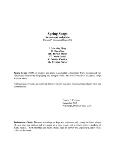 Carson Cooman: Spring Songs (2005) for Bb or C trumpet and piano