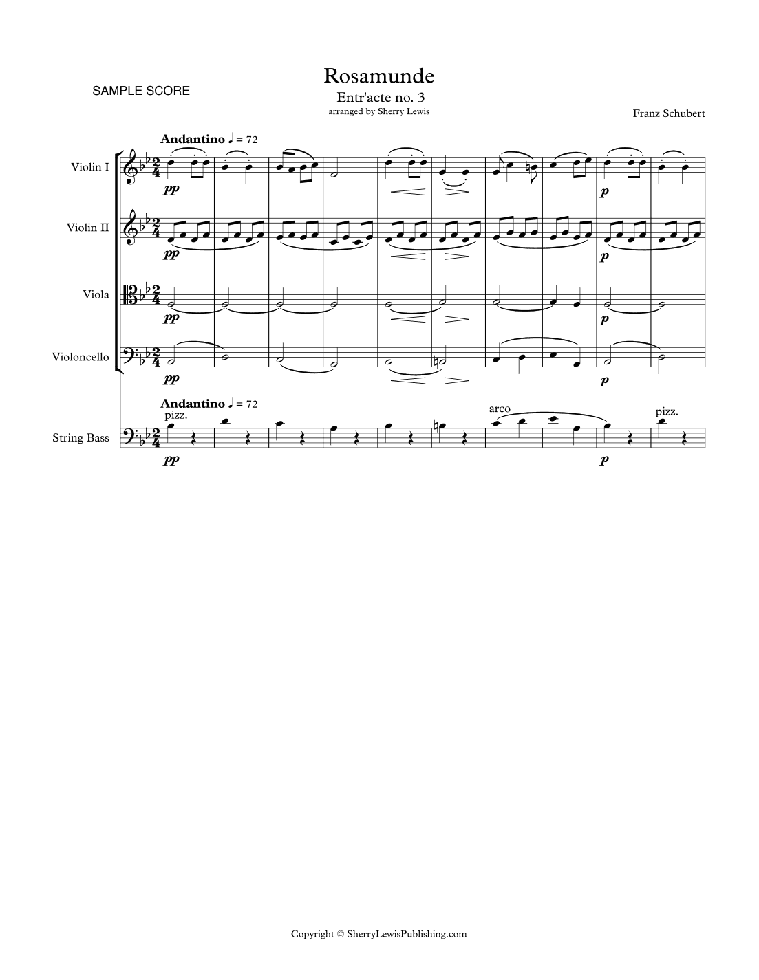 ROSEMUNDE - ENTR'ACTE NO. 3 - ANDANTINO String Orchestra, Intermediate Level for 2 violins, viola, c (arr. Sherry Lewis)