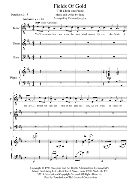 Fields Of Gold (arr. Thomas Quigley)